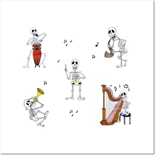Skeleton Musicians - Harp, Conga, Sax, Trumpet and Triangle Posters and Art